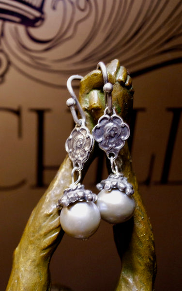 Shannon Koszyk Mary and Jesus Sterling and  Grey Pearl Earrings