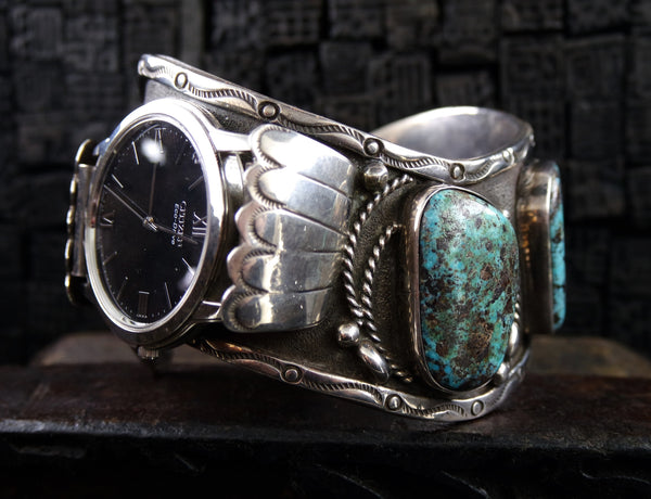 Vintage Southwestern Silver and Turquoise Curved Watchband