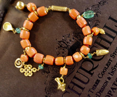 Paola Ferro Charm Bracelet of Antique Coral, Emeralds, and 18K Yellow Gold- One of a Kind