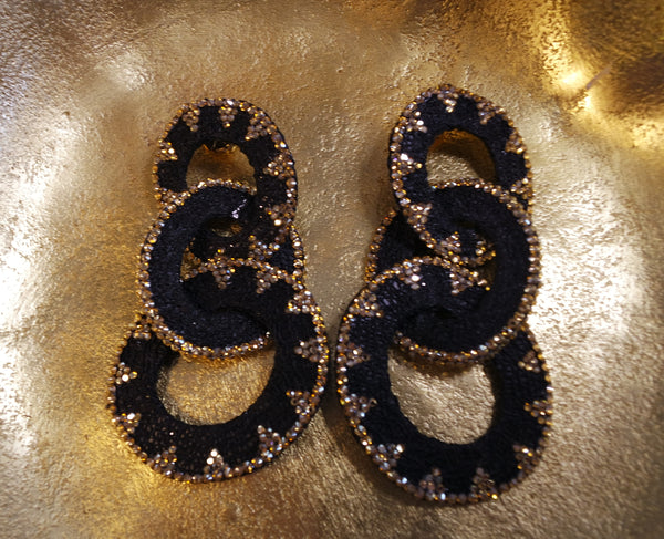 Roni Blanshay Multi Circle Drop Earring in Black Mesh and Gold Crystals