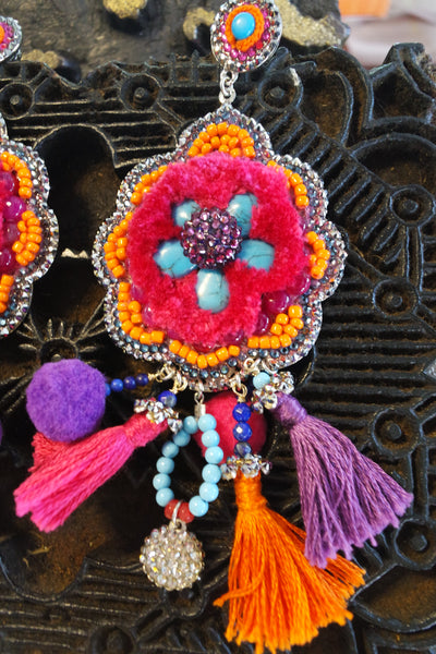 Roni Blanshay Chandelier Earring with Tassels and PomPoms