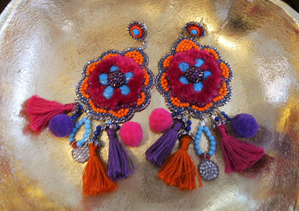Roni Blanshay Chandelier Earring with Tassels and PomPoms