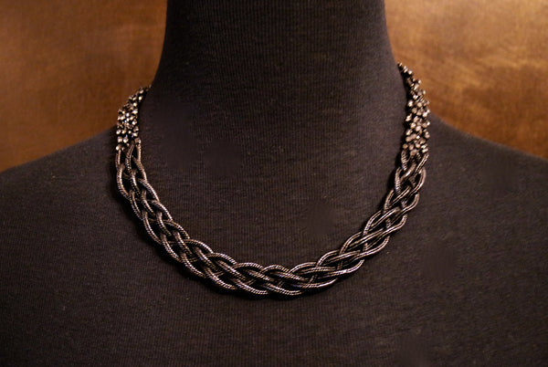 Erickson Beamon Blackened Silver Braided Chain and Crystal Necklace