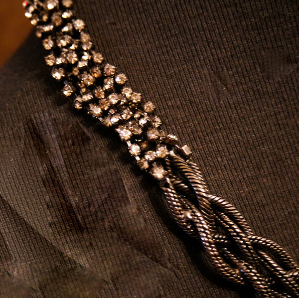 Erickson Beamon Blackened Silver Braided Chain and Crystal Necklace