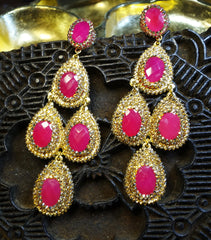 Roni Blanshay Triple Chandelier Earring in Red with Gold Crystals