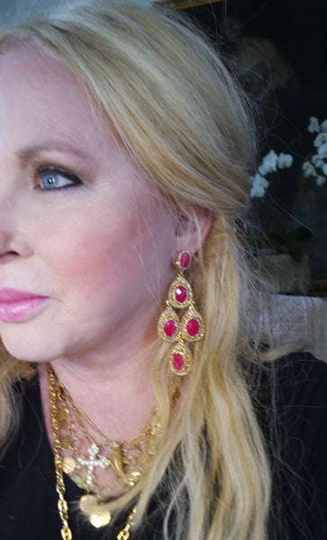 Roni Blanshay Triple Chandelier Earring in Red with Gold Crystals