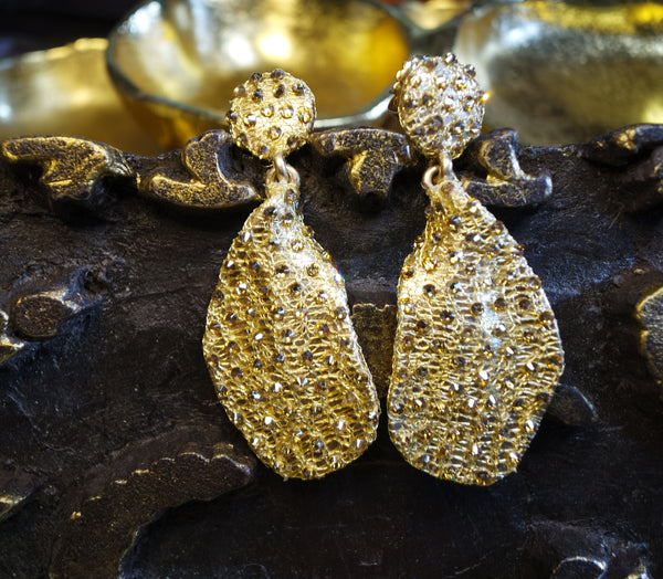 Roni Blanshay Large Golden Mesh Drop  Earrings with Crystals