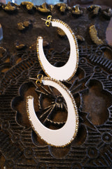 Roni Blanshay White Enamel Oval Hoop Earring Edged with Gold Crystals