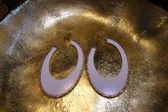 Roni Blanshay White Enamel Oval Hoop Earring Edged with Gold Crystals