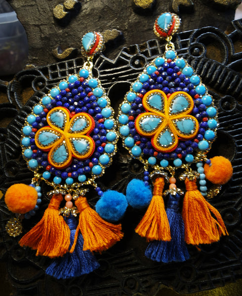Roni Blanshay Turquoise Drop Earrings with Tassels and Pompoms
