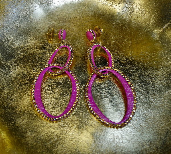 Roni Blanshay Open Link Earring in Pink Enamel and Gold Swarovski Crystals
