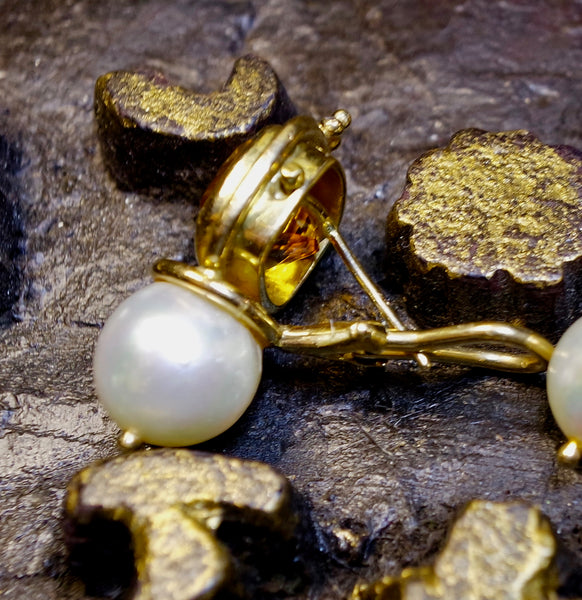 Estate 18K Yellow Gold,  Madeira Citrine, and Pearl Earring
