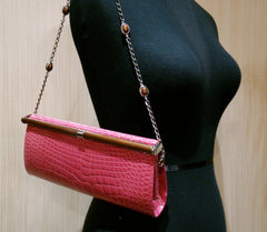 Suarez Hot Pink Alligator Clutch with Wooden Clasp, Chain Strap