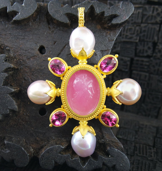 Carolyn Tyler 22K Yellow Gold/Pink Tourmaline/Venetian Glass and Pearl Pendant
