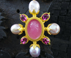 Carolyn Tyler 22K Yellow Gold/Pink Tourmaline/Venetian Glass and Pearl Pendant