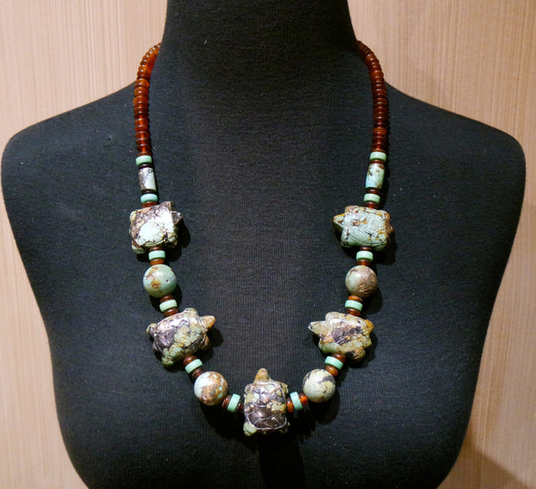 Chinese Turquoise Necklace with Carved Turtle Fetishes and Amber Beads