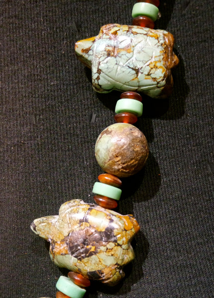 Chinese Turquoise Necklace with Carved Turtle Fetishes and Amber Beads