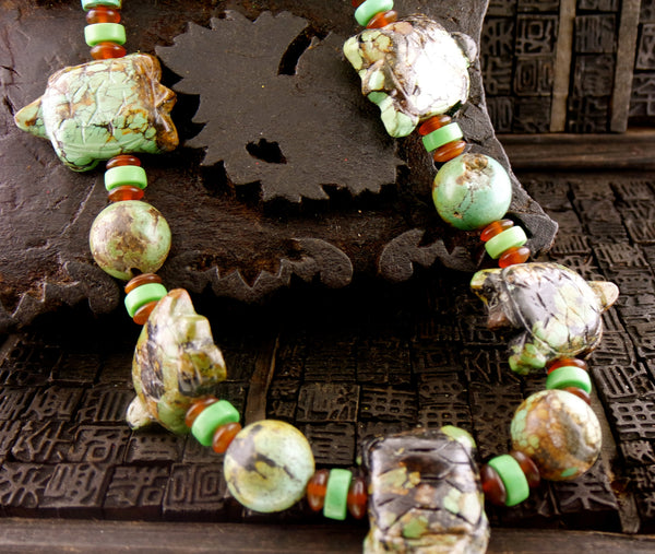 Chinese Turquoise Necklace with Carved Turtle Fetishes and Amber Beads