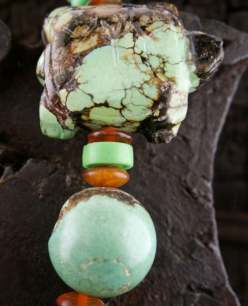 Chinese Turquoise Necklace with Carved Turtle Fetishes and Amber Beads