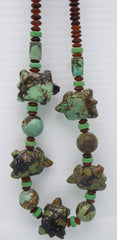 Chinese Turquoise Necklace with Carved Turtle Fetishes and Amber Beads