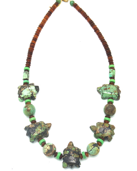 Chinese Turquoise Necklace with Carved Turtle Fetishes and Amber Beads