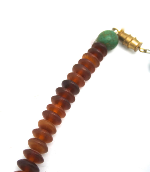 Chinese Turquoise Necklace with Carved Turtle Fetishes and Amber Beads