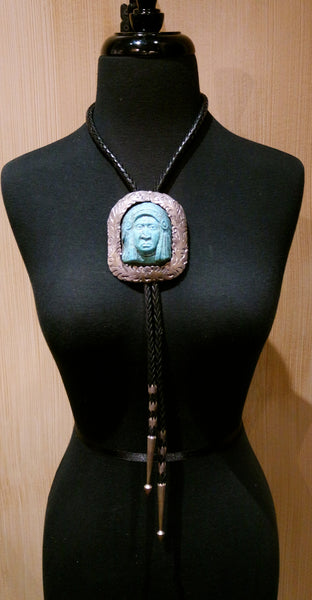 Silver and Turquoise Bolo Tie with Carved Indian Chief Slide
