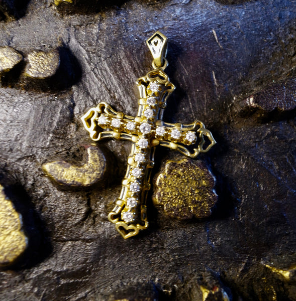 Antique French 18K Yellow Gold, Enamel and Diamond Cross Pendant