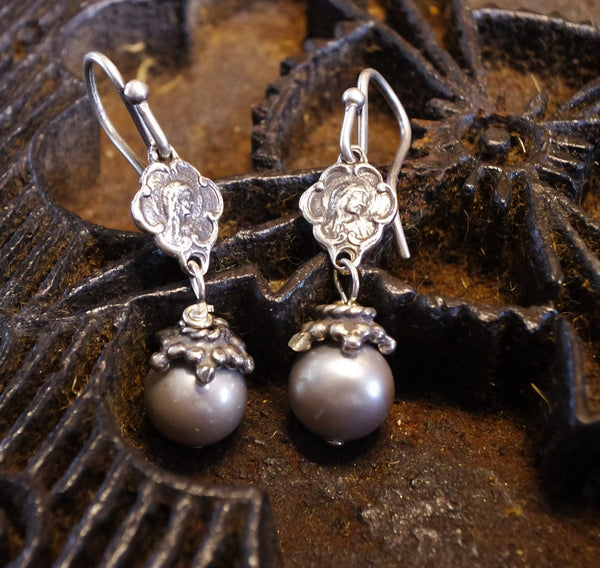 Shannon Koszyk Mary and Jesus Sterling and  Grey Pearl Earrings