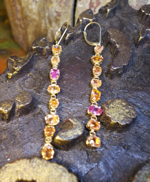 CHURCHILL Private Label Orange and Pink Sapphire Drop Earrings in 18K Yellow Gold