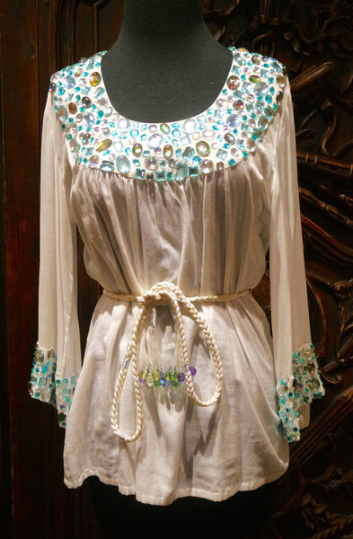 OM White Silk Top with Beaded Yoke