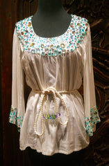 OM White Silk Top with Beaded Yoke