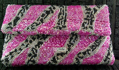 Joanna L'Huillier Shocking Pink Beaded Samapaguita Clutch Purse in Zebra Pattern