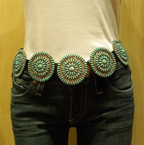 Old Pawn Navajo Silver and Turquoise Concho Belt