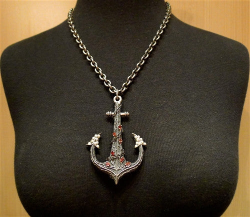 Ugo Cacciatore Sterling Silver, Pearl, and Red Tourmaline Anchor Necklace