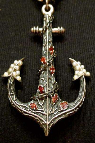 Ugo Cacciatore Sterling Silver, Pearl, and Red Tourmaline Anchor Necklace