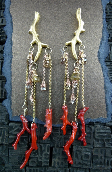 Pade Vavra 18K Yellow Gold Branch Earrings with Coral and Crystal Accents