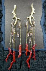 Pade Vavra 18K Yellow Gold Branch Earrings with Coral and Crystal Accents