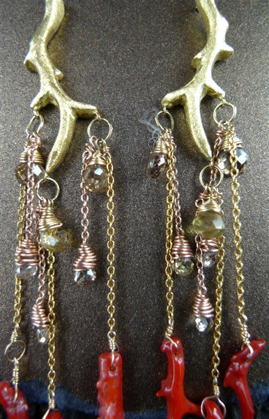 Pade Vavra 18K Yellow Gold Branch Earrings with Coral and Crystal Accents