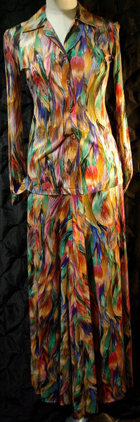 Vintage Missoni Multi-Colored Feathered Silk Palazzo Pants and Blouse