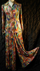 Vintage Missoni Multi-Colored Feathered Silk Palazzo Pants and Blouse